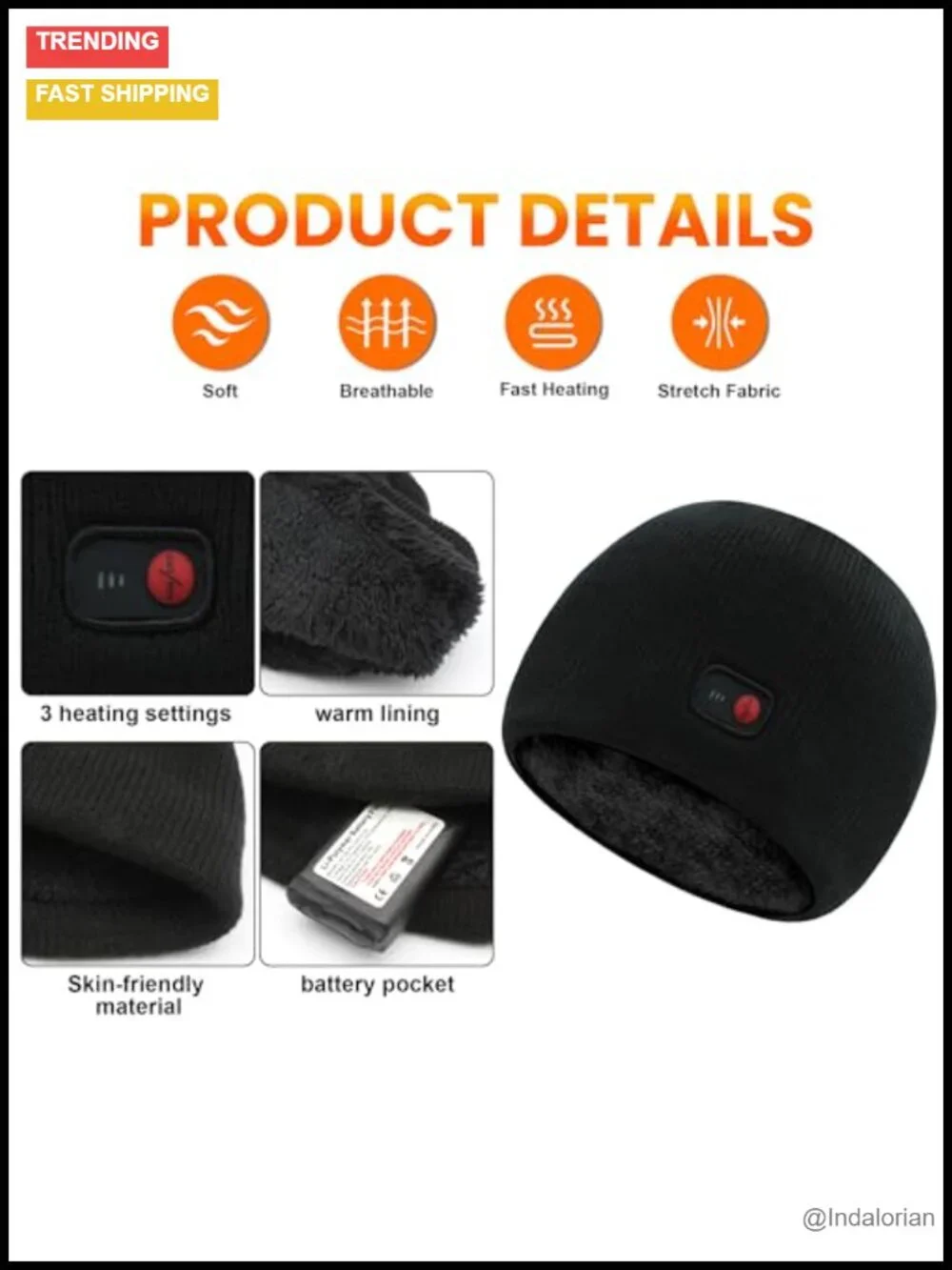 Rechargeable Heated Beanie with 3 Temperature Settings, Acrylic & Polyester,